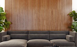 sala decorada com painel ripado de madeira